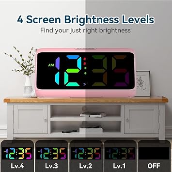 Netzu Loud Alarm Clock for Heavy Sleepers, Plug-in RGB Vibrating Alarm Clocks with Bed Shaker, 5 Dimmers, 2 Alarms and Snooze for Bedrooms Hearing Impaired Deaf Adults Pink