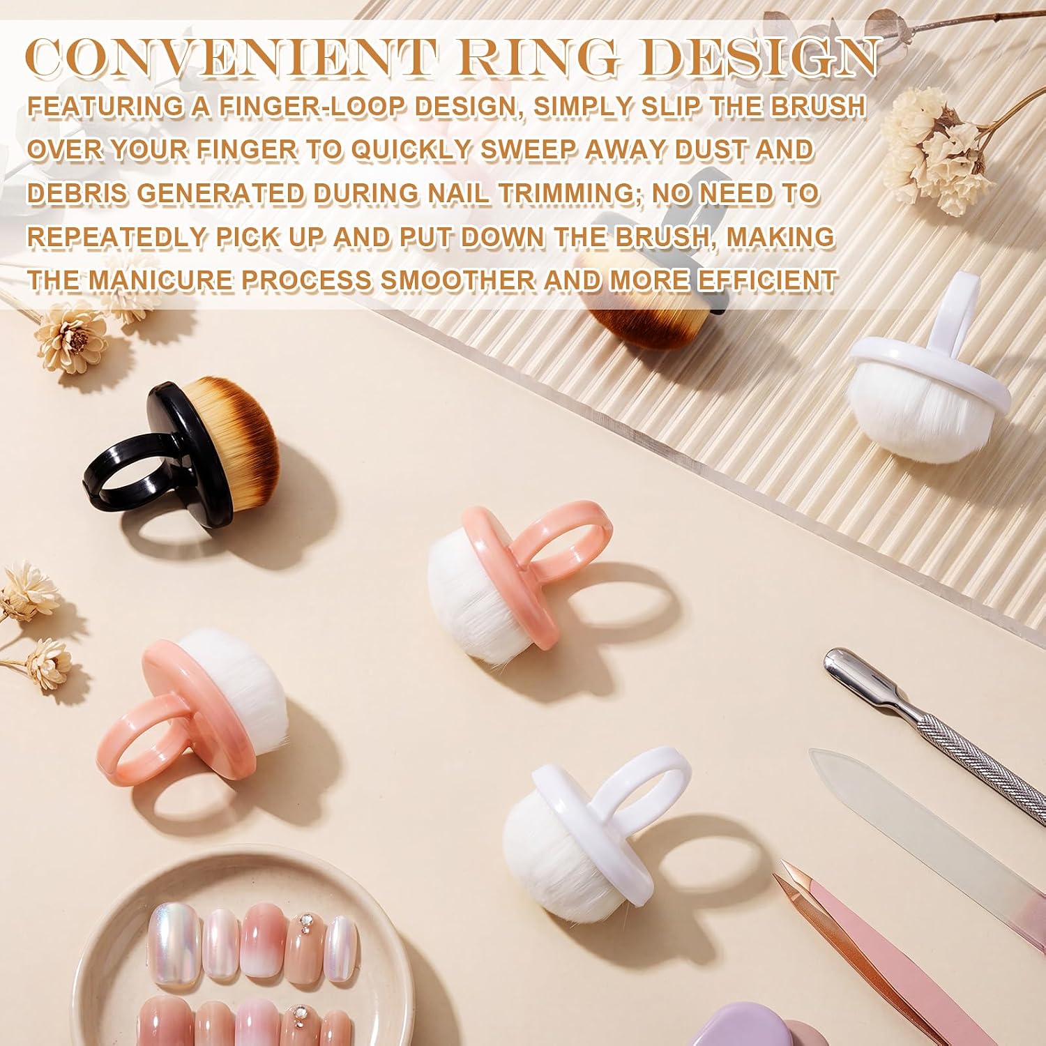 24 Pcs Fingernail Dust Brushes Nail Scrubbers with Soft Bristles and Ring Design for Effortless Nail Cleaning Portable Finger Duster Tools for Home Manicure Salon Personal Use, 3 Colors