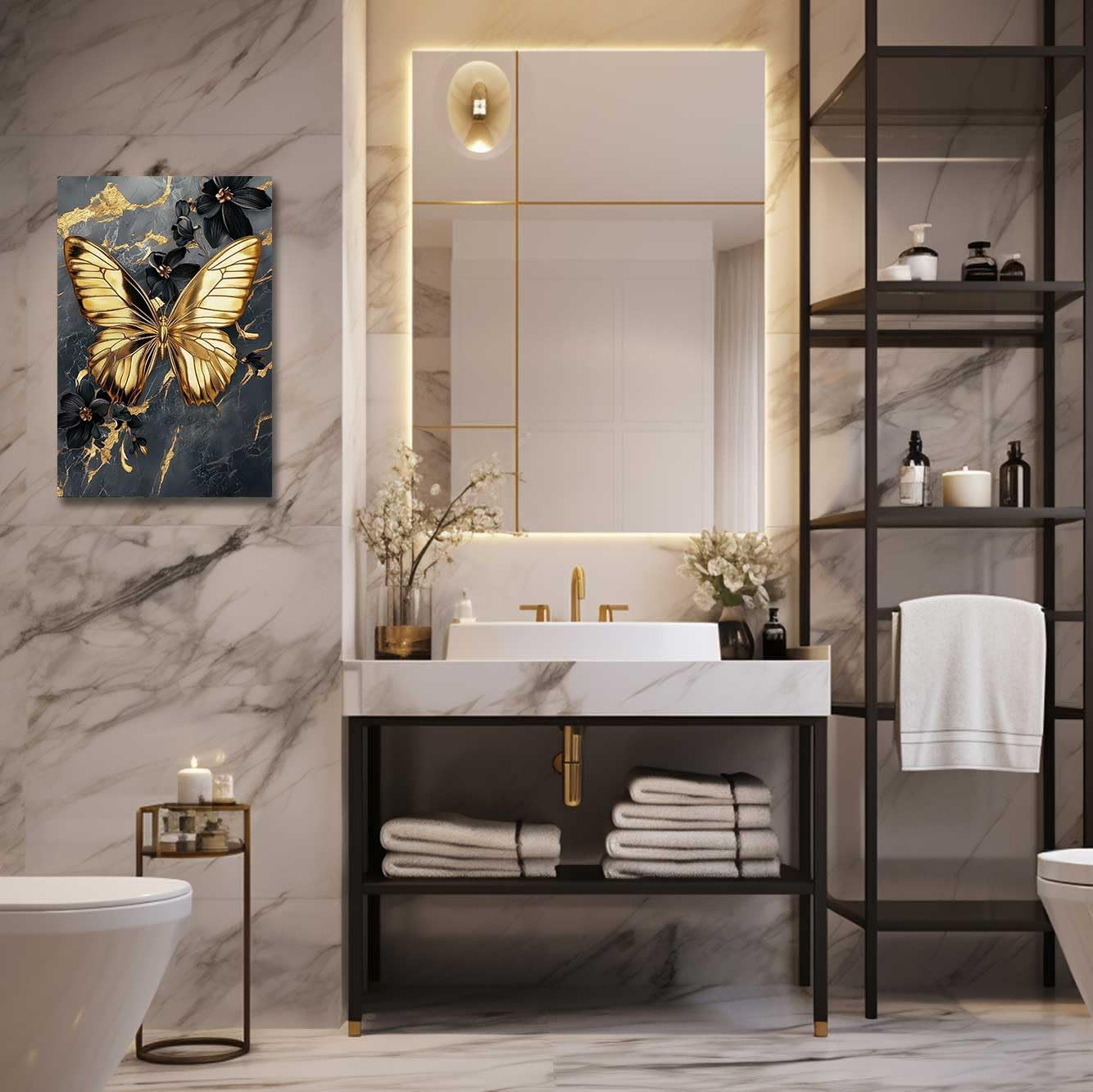 ZSHDEYMTOP Butterfly Wall Art Black and Gold Butterfly Canvas Prints Elegant Gold Butterflies Picture Modern Marble Texture Poster for Bathroom Bedroom Decor Framed (Gold, (18L x 12W))