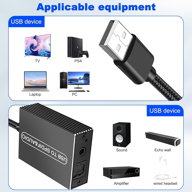 Adaptor audio optic XMSJSIY USB la SPDIF Toslink cu cablu jack de 3,5 mm, 1,2 m, pentru TV, PS5, PS4, PC, laptop, smartphone, boxe și amplificatoare