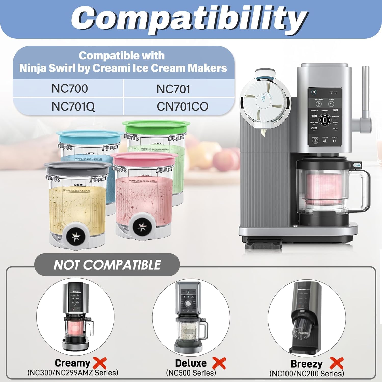 4 Pièces Pot Ninja Creamy Swirl,Couvercles Étanches,Compatible Ninja Creami Pot NC701EU NC700,Pot Ninja Creamy Deluxe,Sans BPA,Lavable Lave-vaisselle,Ninja Swirl by Creamy Set