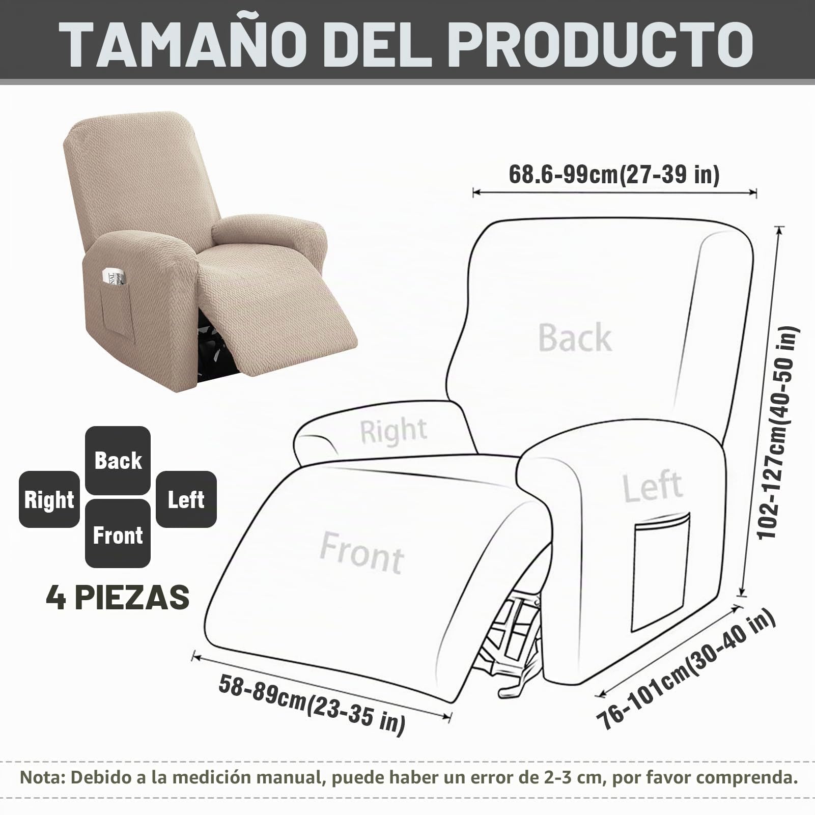 Funda Sillon Relax Reclinable 1 Plaza, Funda Sofa Relax con Bolsillos, Fundas Elástica de Jacquard a Rayas Diseño Todo Incluido para Sillón Reclinable (Marrón Grisáceo, 4-Piezas)