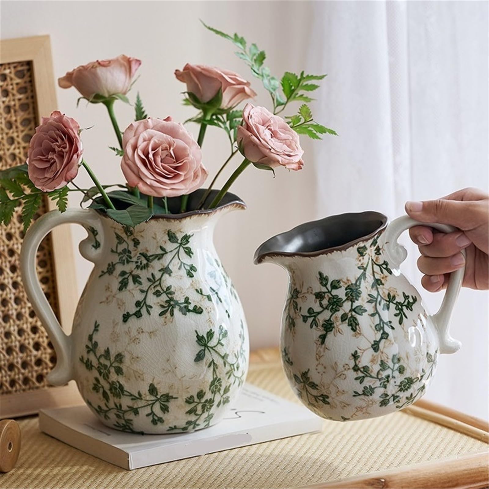 Jarrón Decorativo Esmalte craquelado cerámico con Estampado Floral Verde, jarrón de Jarra Decorativa Centro Mesa Mango para Decorar el hogar(Pequeño)