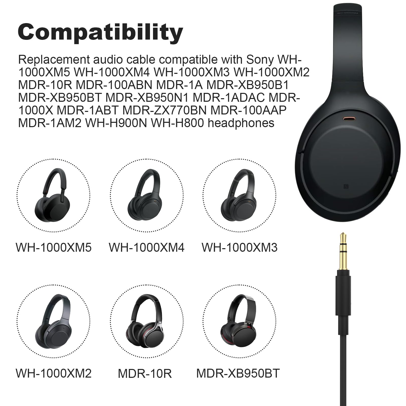 Cable Jack WH-1000XM4 Cu00e2ble De Casque Avec Microphone, Cordon