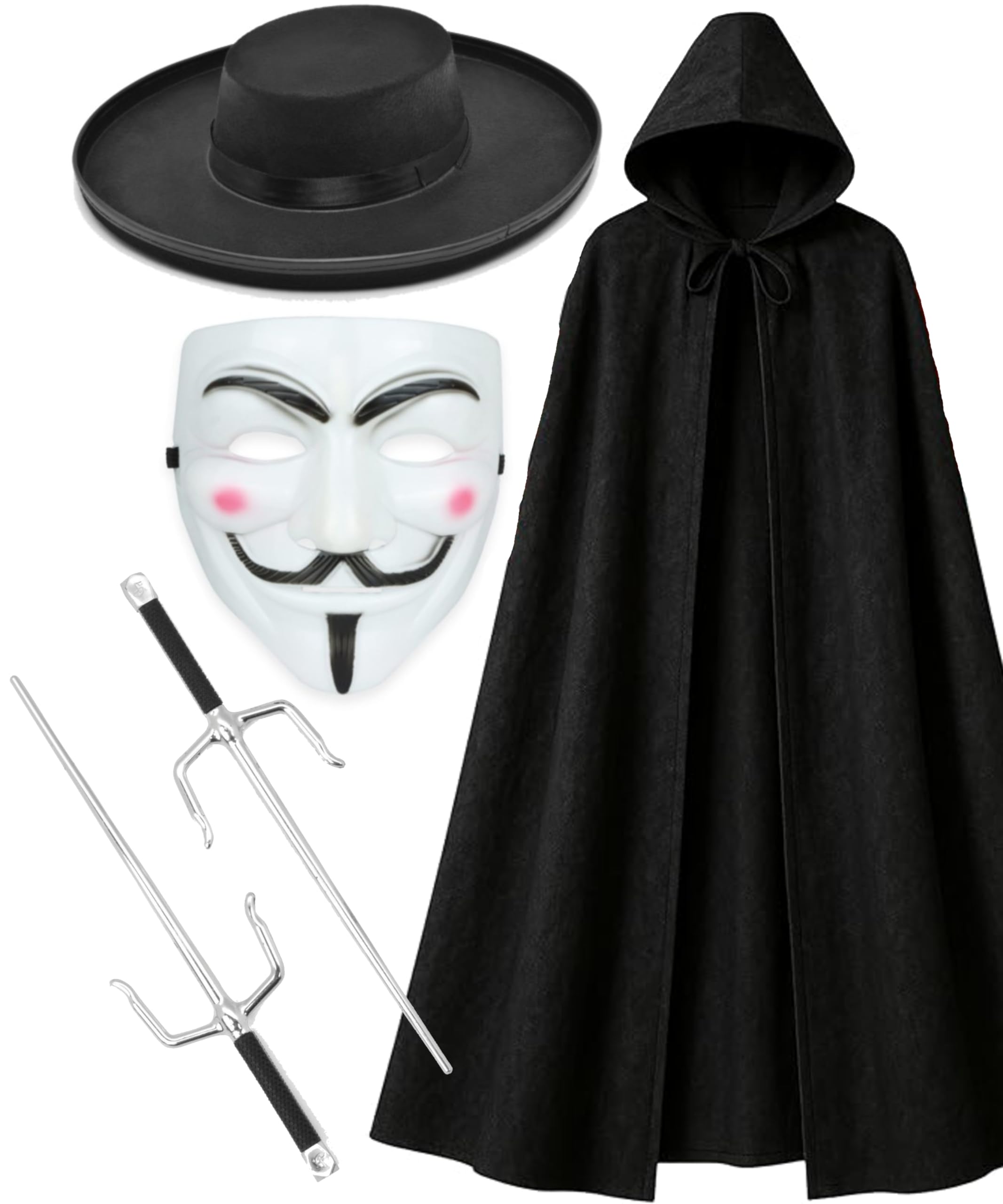 Mega_JumbleSale® V for Vendetta Costume Kit Fancy Dress | Anonymous Guy Fawkes Vendetta Mask + Black Hooded Cape + Hat + Twin Sais Dagger Fancy Dress