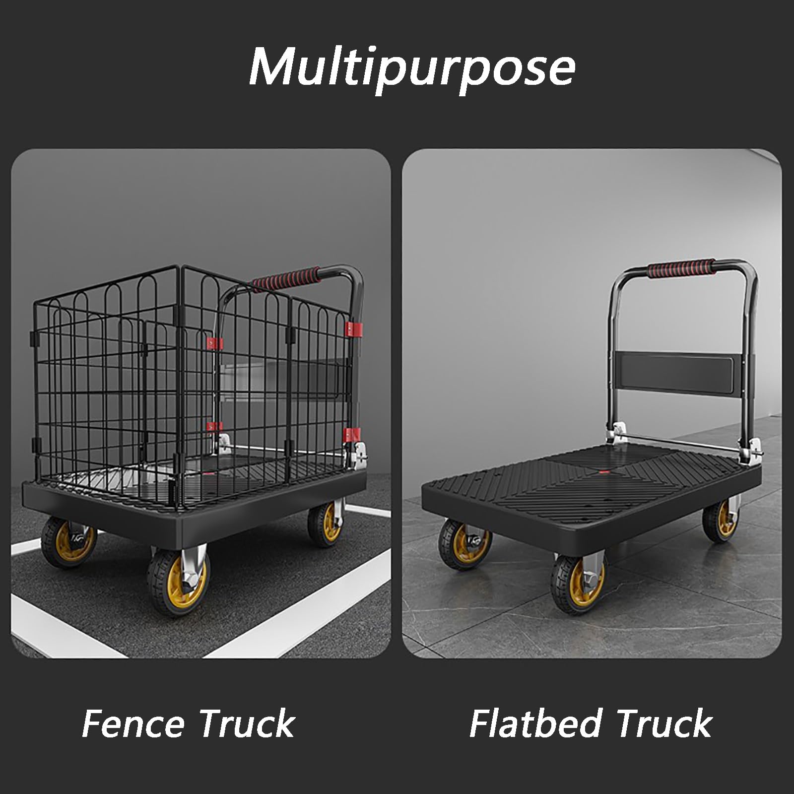 2-in-1-Plattformwagen mit Käfig, Zusammenklappbarer Pritschenwagen, mit Rädern, Leicht zu Verstauen, Geeignet für Den Täglichen Einkauf und Expresslieferungen(Large)