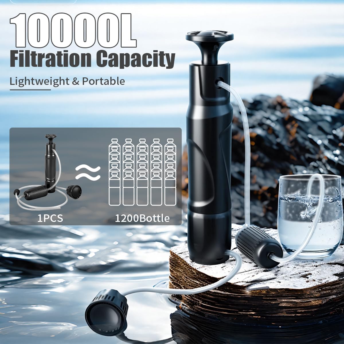 10000L Portable Water Filter Pump,High-Volume 3-Stage Portable Purification Filter,Water Filter for Camping, Backpacking, Hiking,Emergency