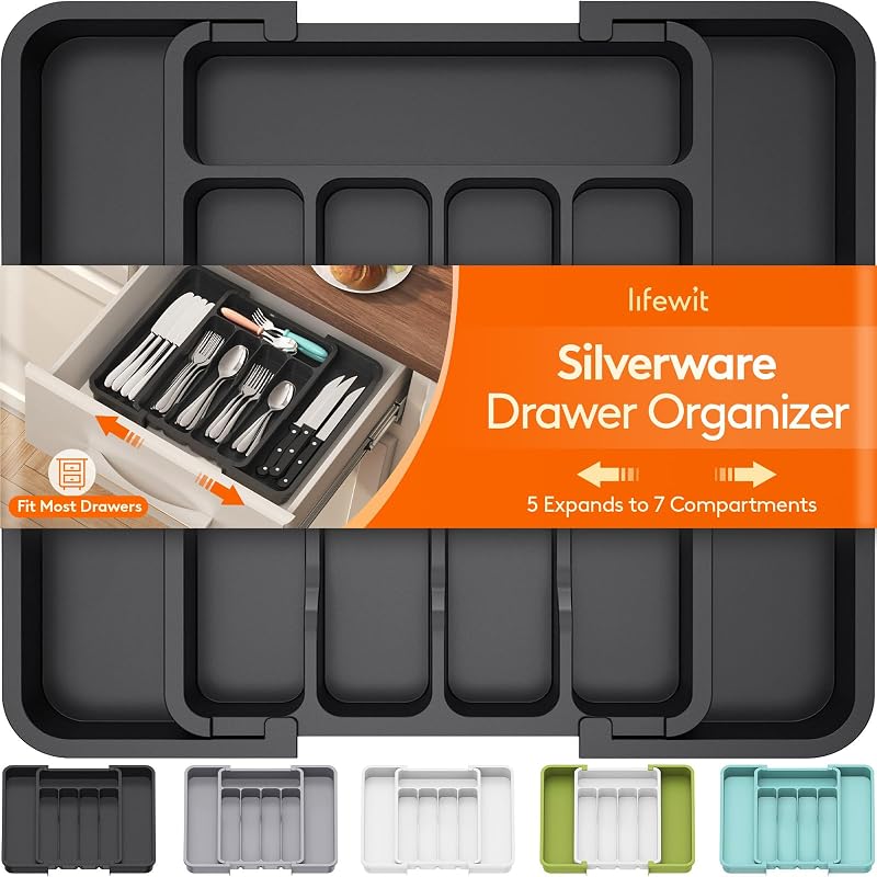 Silverware Drawer Organizer, Expandable Utensil Tray for Kitchen, BPA Free Flatware and Cutlery Holder, Adjustable Plastic Storage for Spoons Forks Knives, 8.9-14.7 x 12.2", Black