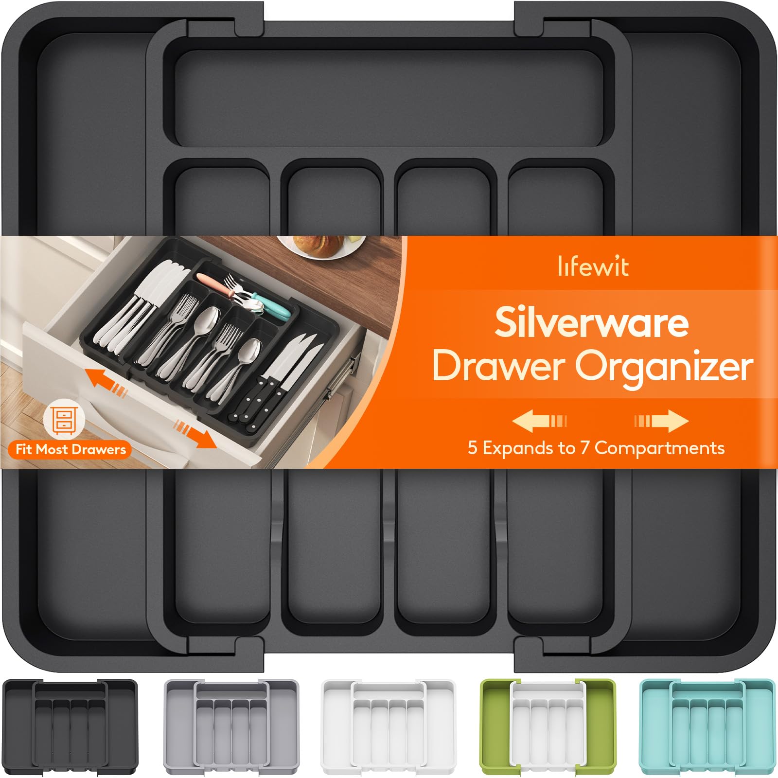 Photo 1 of Lifewit Silverware Drawer Organizer, Expandable Utensil Tray for Kitchen, BPA Free Flatware and Cutlery Holder, Adjustable Plastic Storage for Spoons Forks Knives, 8.9-14.7 x 12.2", Black