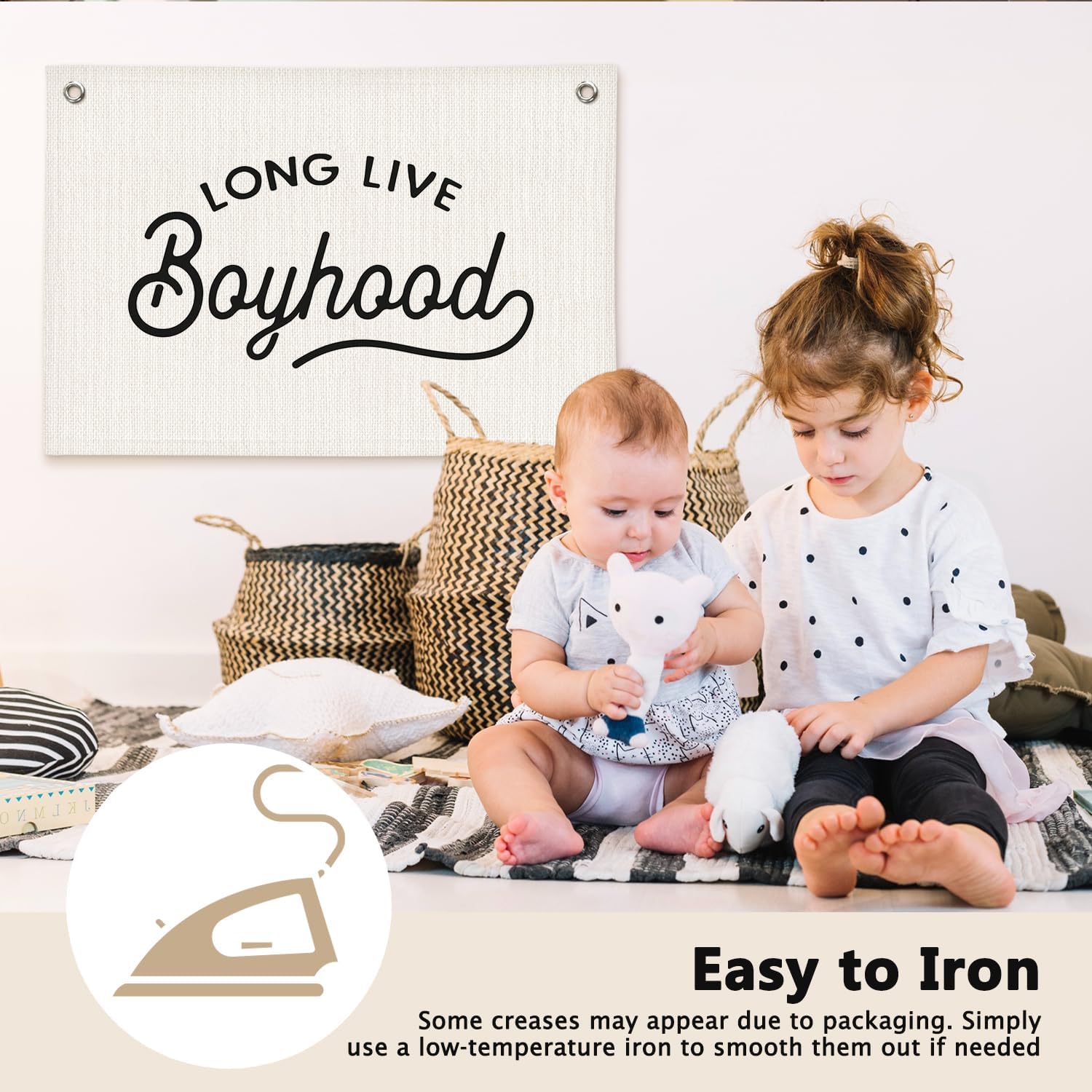 Long Live Boyhood Minimalist Boys Room Decor - Linen Banner Wall Hanging Canvas Banner Flag Decor for Toddler Boy Bedroom Nursery Playroom image 4