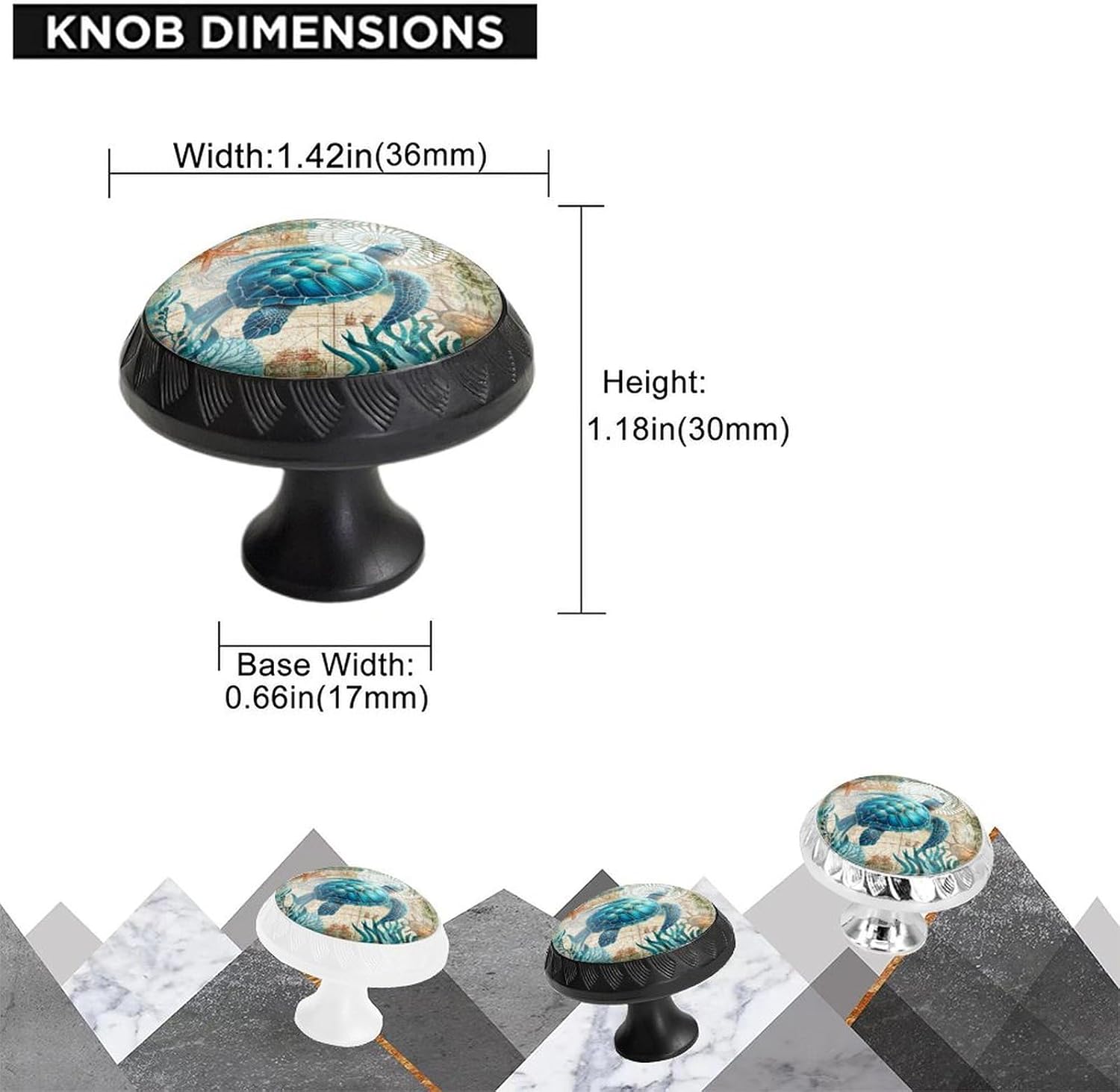 6 Pack White Drawer Pulls, Blue Sea Turtle Nautical Map Cabinet Knobs Crystal Glass Dresser Knobs for Kitchen Bathroom Hardware