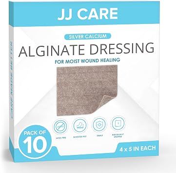 JJ CARE Silver Calcium Alginate Wound Dressing Pack of 10 4x5, Silver Alginate Wound Dressing Individually Packed, Highly Absorbent Non-Adherent Bandages for Wound Care