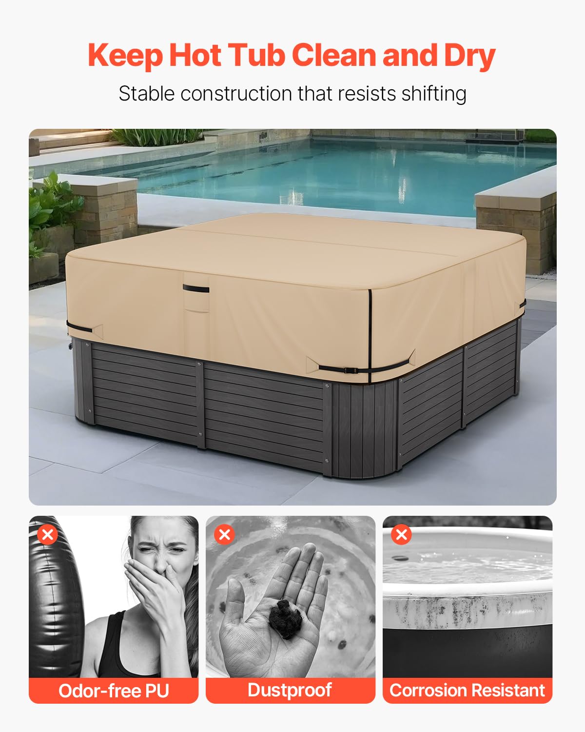 VEVOR Housse de Protection pour Spa extérieur, 2285 x 2285 x 508 mm, Couverture pour Spa, résistante aux intempéries et à l'eau, Tissu Oxford 600D Robuste et résistance à la déchirure 950N, Marron