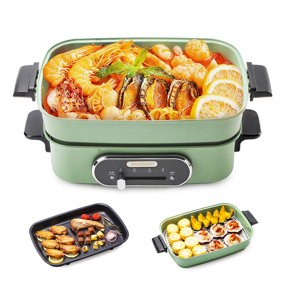 Joydeem 3-in-1 Electric Hot Pot, Multi-use Shabu Shabu Pot with Grill Pan & Steamer, Non-stick Ceramic Oil Coating, UL Listed, JD-HG9088G, Green