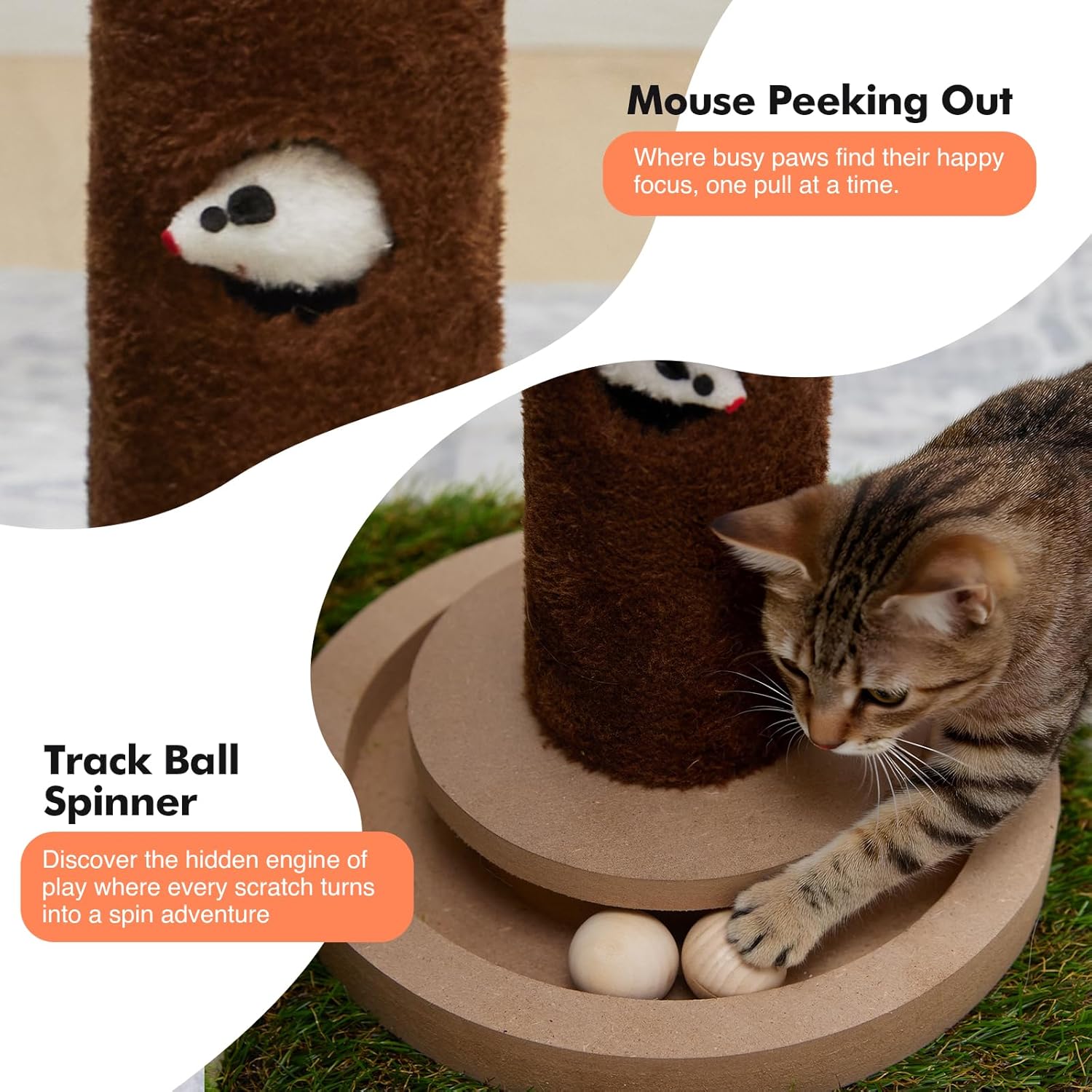 Small Cat Tree with Scratching Post and Ball Track, Green Cat Tower with Lifelike Leaves for Kittens and Small Cats, 2-Door Cat Condo and Interactive Cat Toys for Indoor Cats