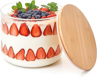 140oz Glass Trifle Bowl with Bamboo Lid - Large Clear Dessert Serving Di...