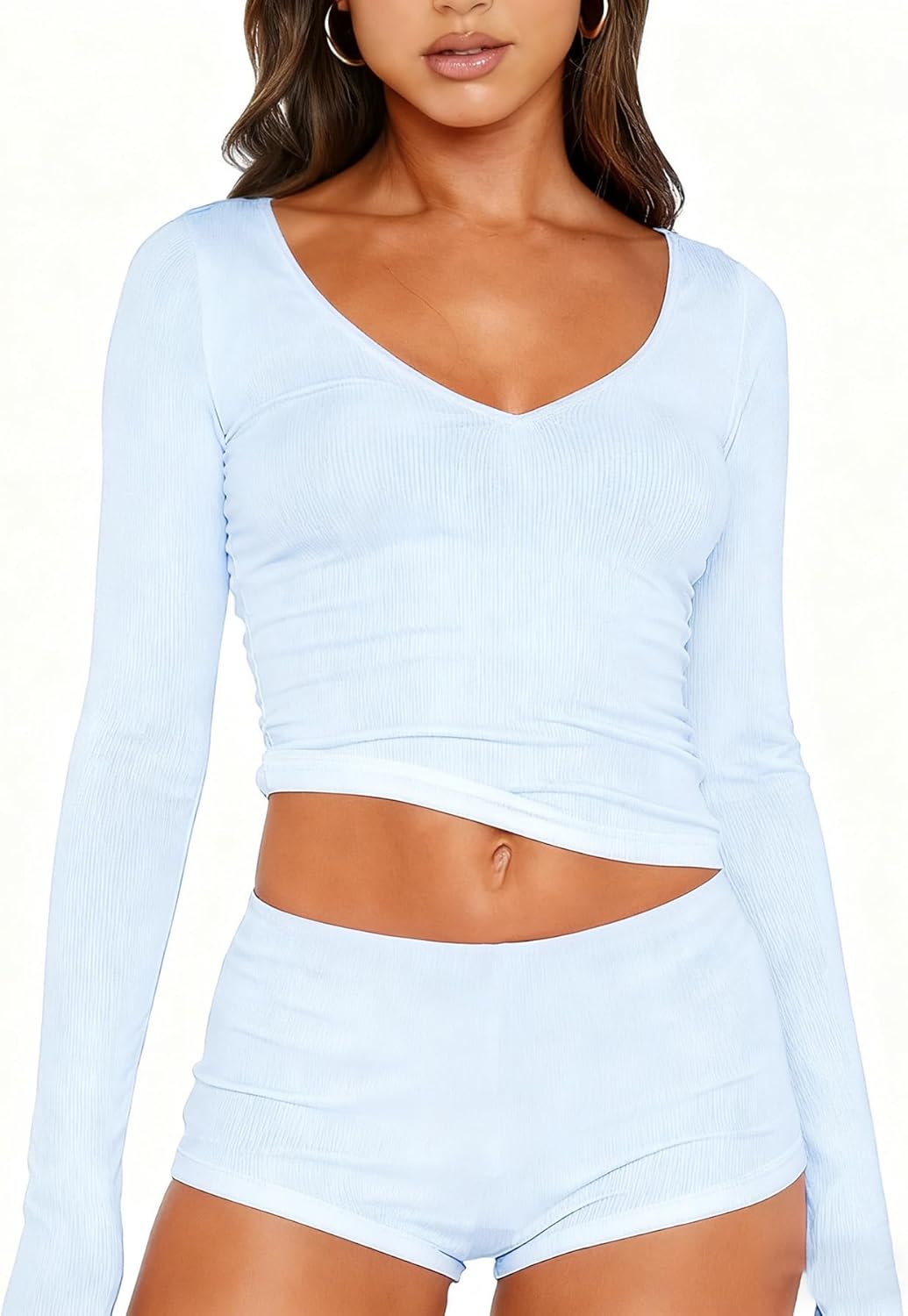 Dressmine Sexy Pajamas Set for Women Spring Pj Lounge Sets 2 Piece Cute Sleepwear Long Sleeve V Neck Y2K Tops Shorts