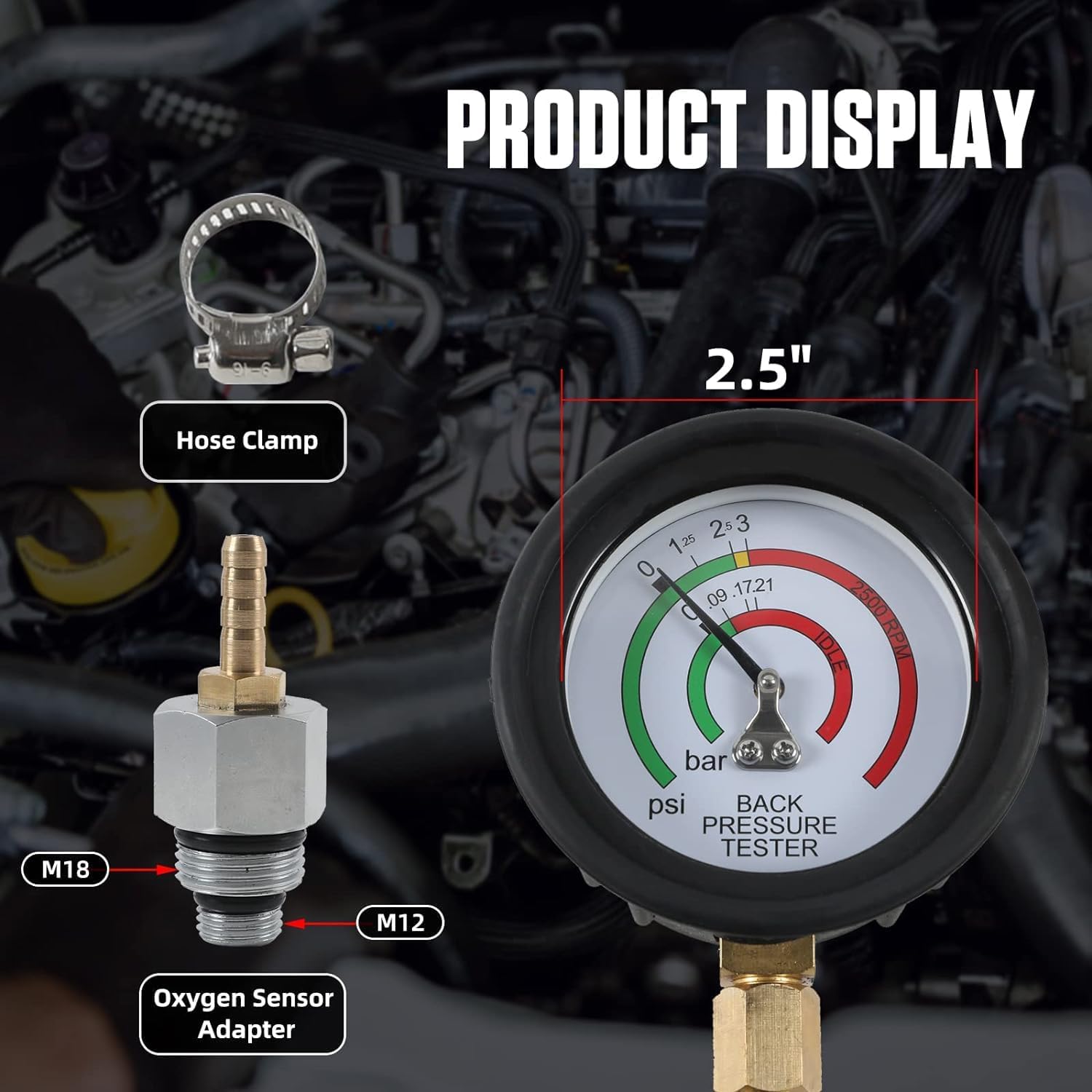Exhaust Back Pressure Tester Exhaust Back Pressure Gauge with 6FT Hose 2.5" Gauge & Rubber Protector Two Multi-Colored Bands Catalytic Converter Test Kit with Adapter (M12&M18)