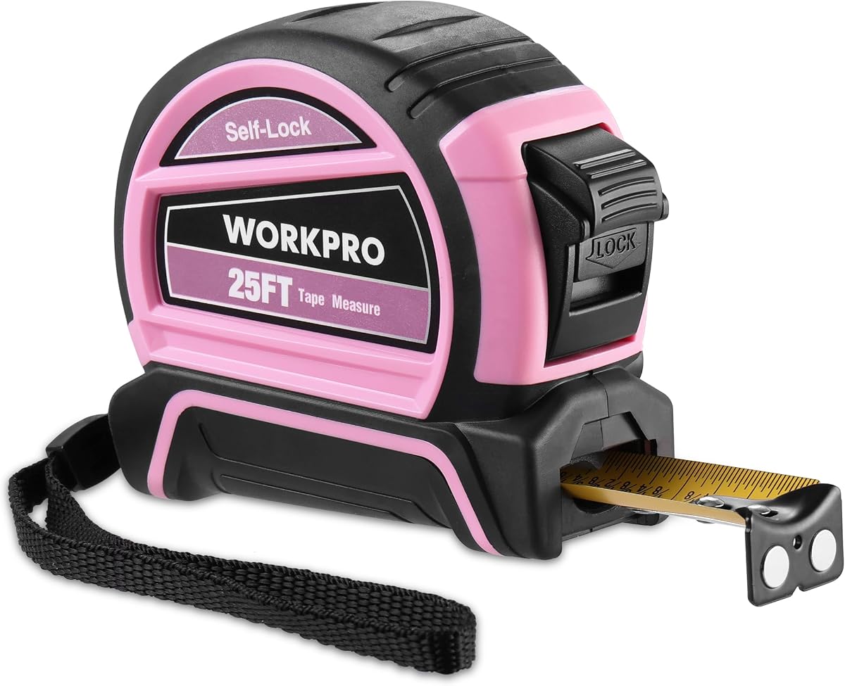 WORKPRO 25FT Pink Tape Measure, Dual Lock Measuring Tape - Pink Ribbon | Fractions Every 1/8" and 1/32" Accuracy, Quick Read, Nylon Coated with Magnetic Hook, Shock-Resistant Case and Belt Clip