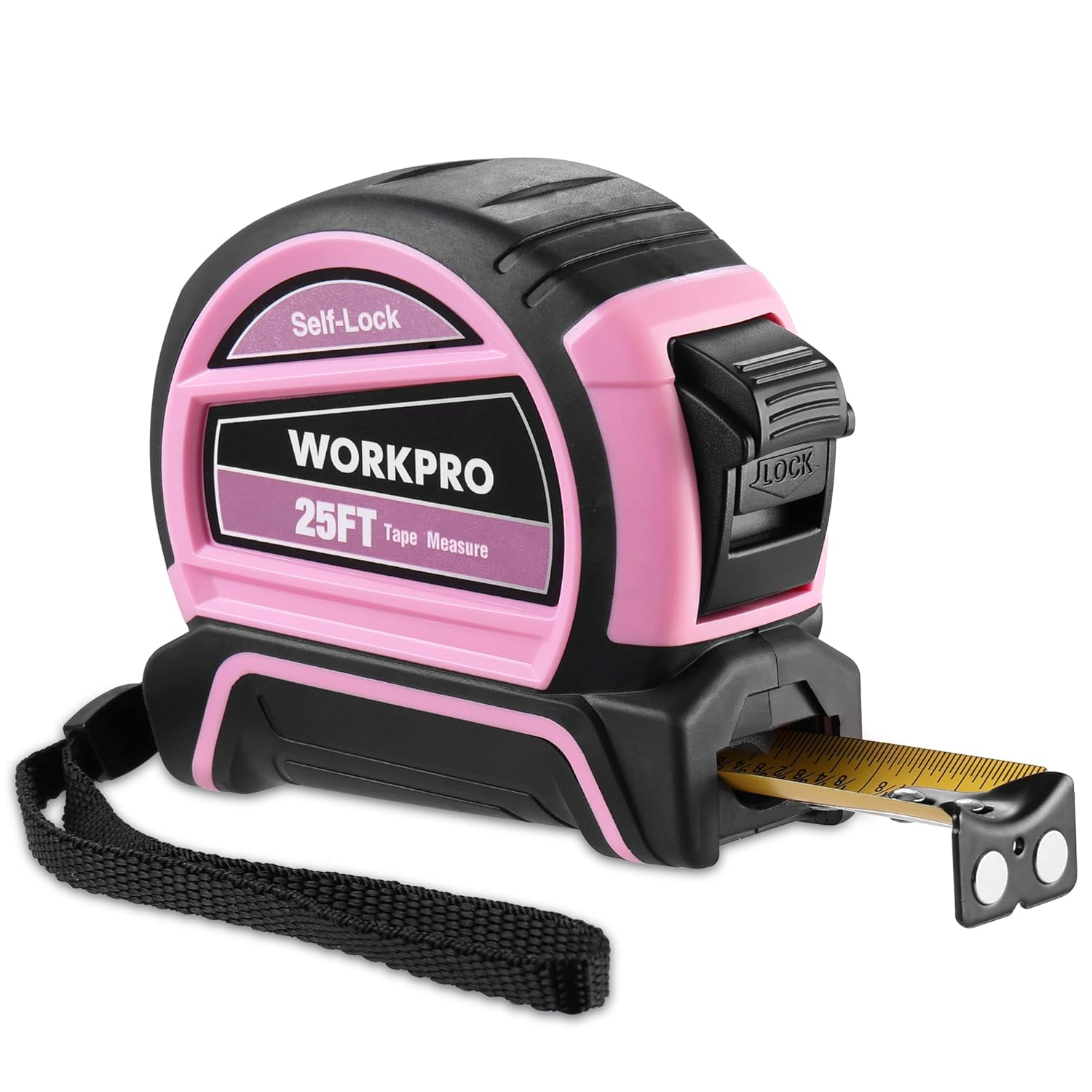 WORKPRO 25FT Pink Tape Measure, Dual Lock Tape Measure with Fractions Every 1/8" and 1/32" Accuracy, Quick Read, Nylon Coated with Magnetic Hook, Shock-Resistant Case and Belt Clip - Pink Ribbon