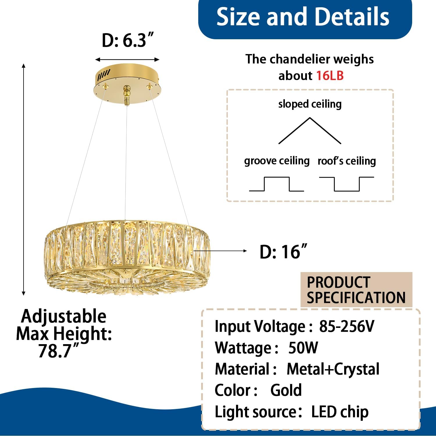 16in modern led gold ring chandelier for living room round crystal chandelier dining room kitchen bedroom 16" gold ring