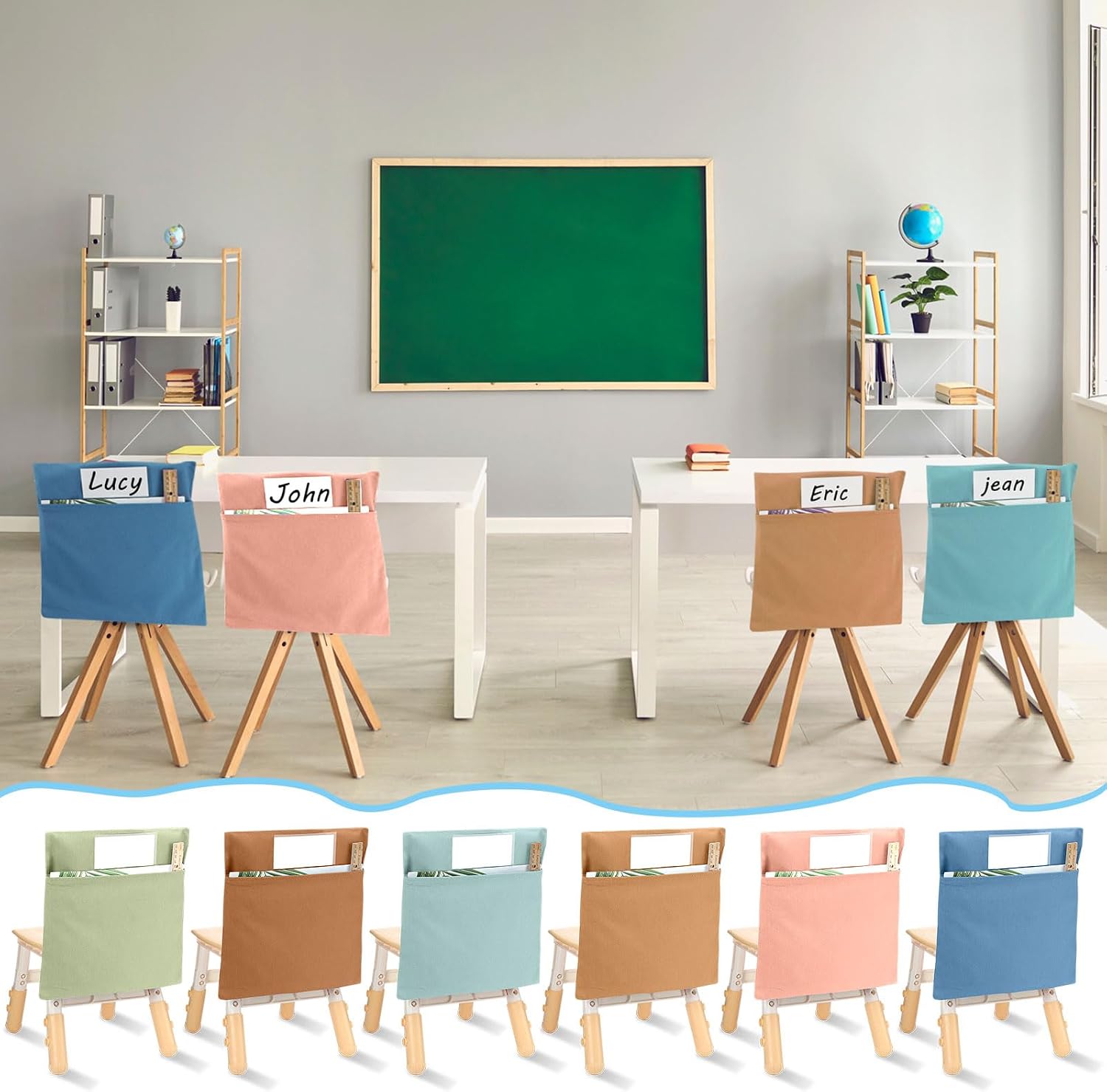 Xaatren 24 Pcs Small Chair Pockets for Classroom 14 Inch School Chairs Bag Chairback Buddy Seat Pocket Student Classroom Organizer with Name Tag for Primary School Chair up to 14'' Wide(Novel Color)