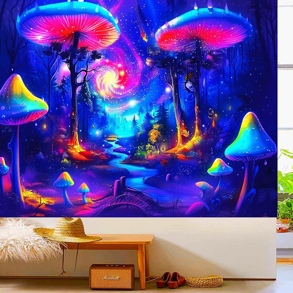 BJYHIYH Extra Large Blacklight Tapestry, Fantasy Forest Tapestry, Black light Mushroom Tapestries for Bedroom Living Room Decor(90"×70")
