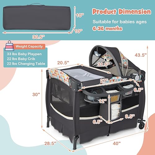 Miniatura 7 de HONEY JOY Empaca y juega con moisés juego portátil 3 en 1 con cambiador juguetes colgantes bolsa de almacenamiento de pañales caja de música ruedas