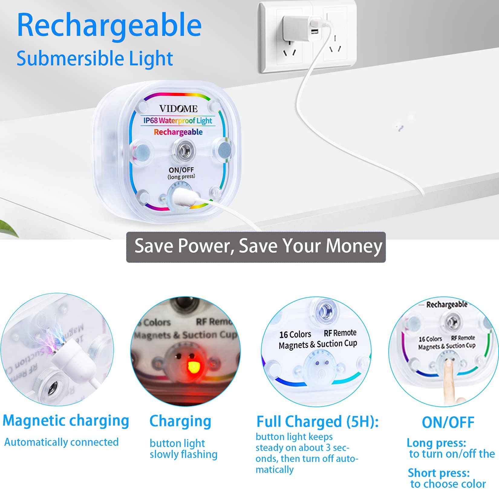 VIDOME Rechargeable Submersible LED Lights, Pool Lights for Inground Pool, Magnetic Pool Lights with Super Large Suction Cup, Underwater Light Full Waterproof LED Lights for Pool Pond Bathtub 4 Sets