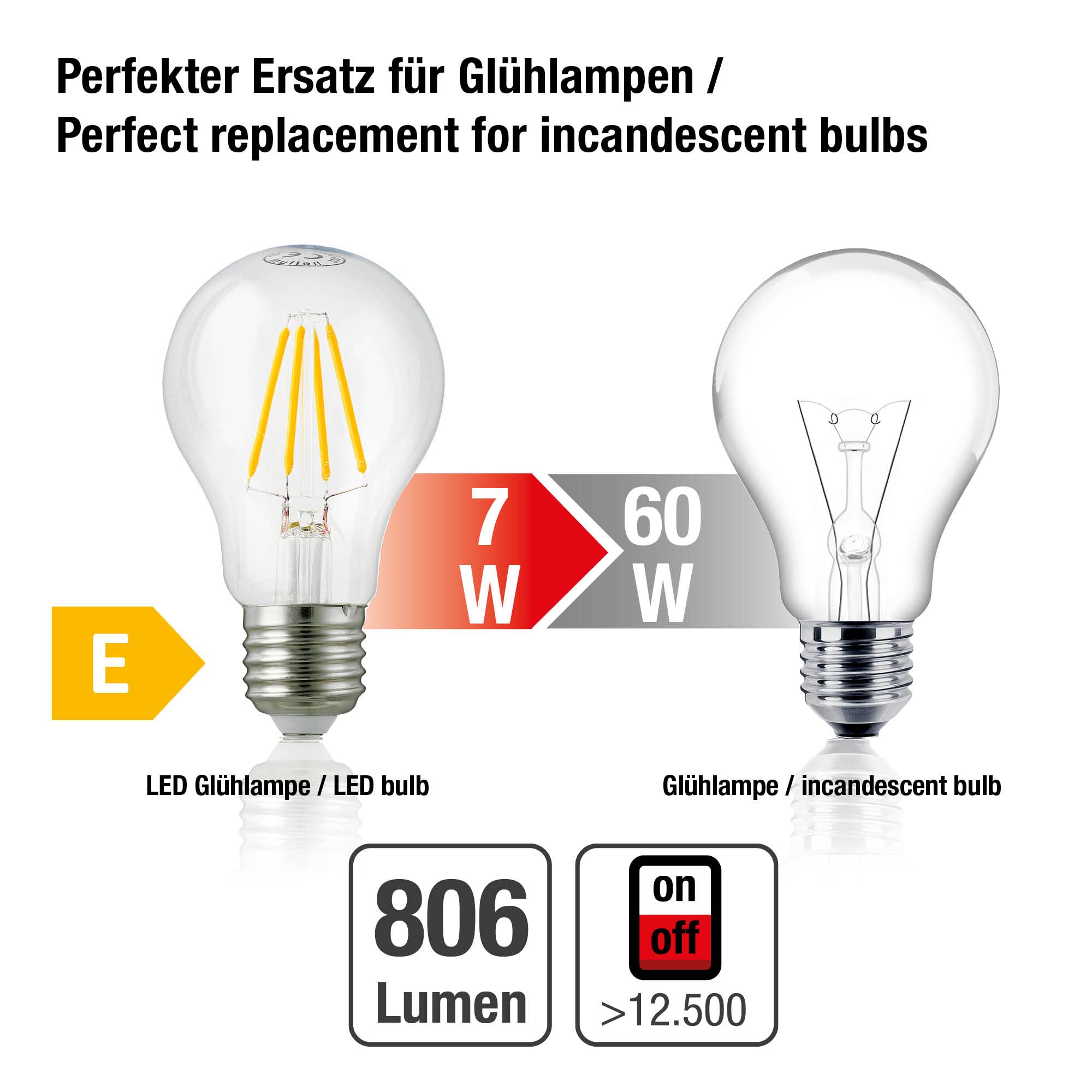 hellum LED Glühbirne E27 dimmbar, 5er, 7W warmweiß Lampe mit 806 Lumen und E27 Sockel LED Filament, Leuchtmittel ersetzt 60-Watt Glühbirne, 2700 Kelvin warmweiss Klar, 220100