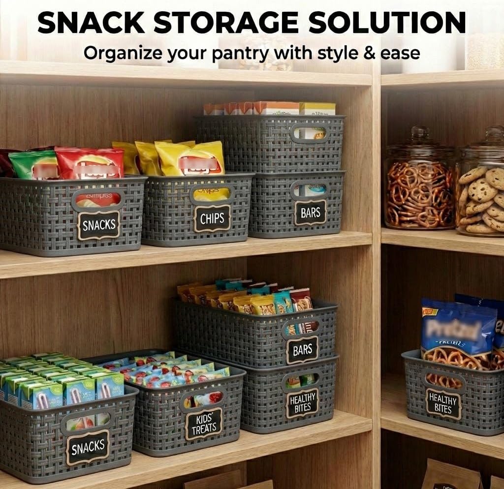 8 Pack Gray Storage Baskets, Plastic Woven Organizer Baskets, Stackable Shelf Baskets for Closet, Pantry, Bathroom & Laundry Room