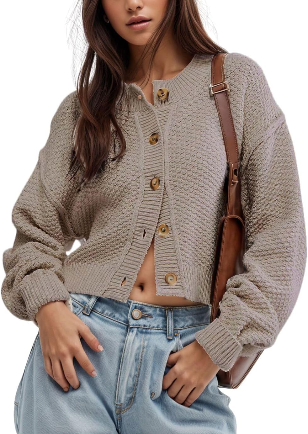 CHARTOU Women Casual Sweater Button Down Cardigan Crewneck Cropped Knit Jacket Outwear