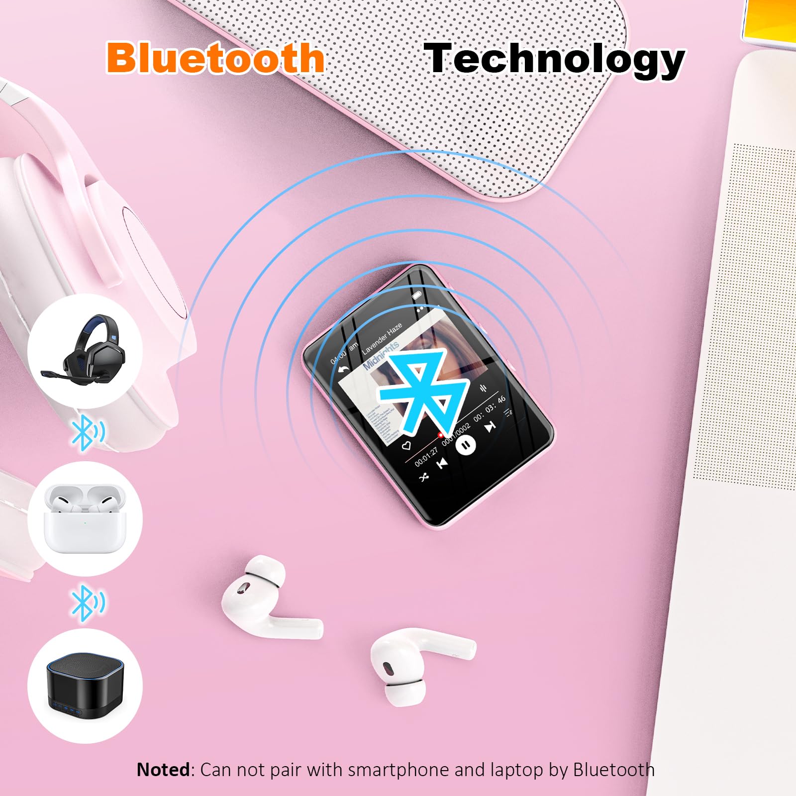 Reproductor de música MP3 con Bluetooth, almacenamiento de 32 GB, pantalla táctil completa, altavoz integrado, radio FM y grabadora de voz, ranura MicroSD (ampliable a 128 GB), incluye auriculares