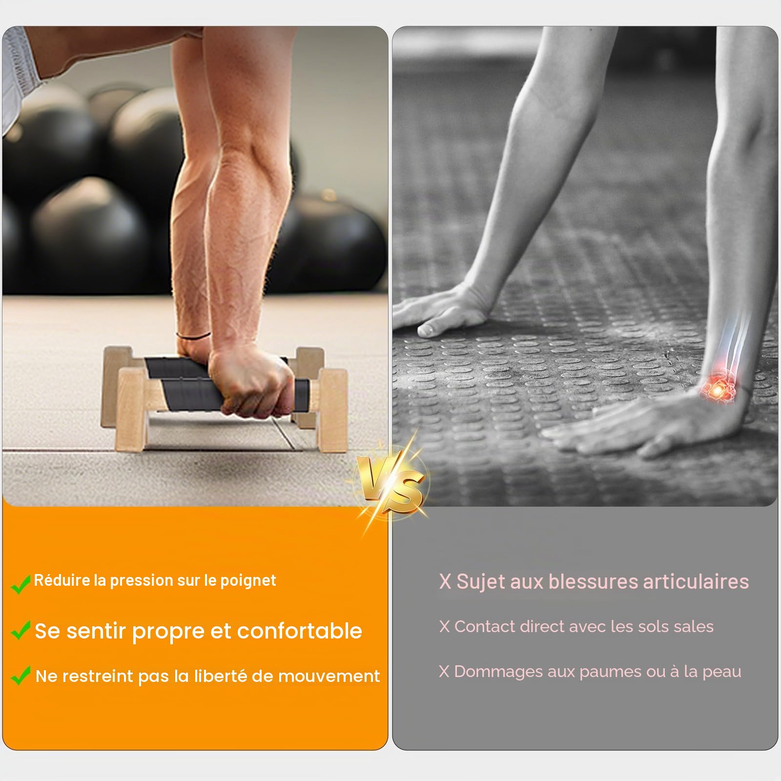 Parallettes, Poignées de Pompes en Bois Antidérapantes, Stables et Protectrices pour les Articulations avec Deux Sangles Amovibles, Equipement Cardio pour Appuis Renversés et Pompes