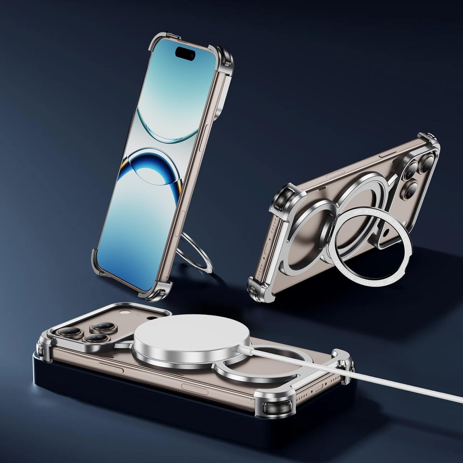 Skeleton Case for iPhone 17 Pro Max, Titanium Metal Frame with 360° Magnetic Ring Stand, Military-Grade Drop Protection, Shockproof Bumper, Compatible with MagSafe(Silver)