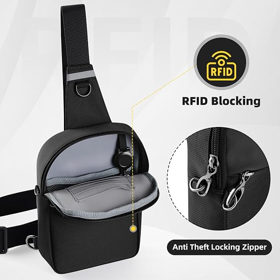 Sling Bag with Zipper Lock Anti Theft Crossbody Bag for Men Women RFID & Water Resistant Chest Bags for Travel(Black)