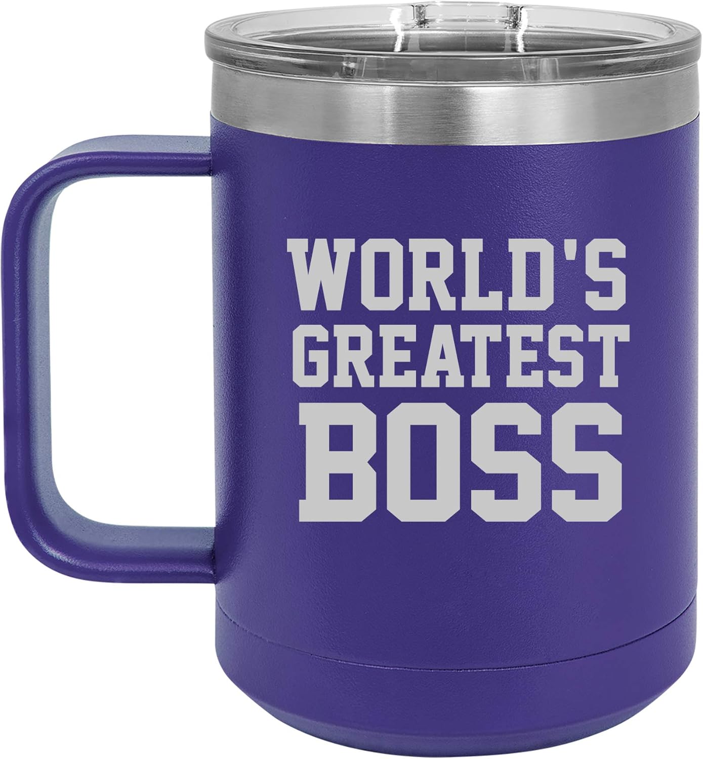 15 oz Tumbler Coffee Mug Travel Cup With Handle & Lid Vacuum Insulated Stainless Steel World's Greatest Boss (Purple)