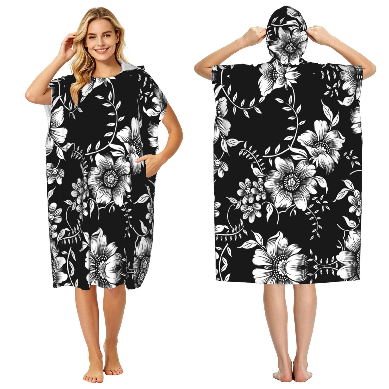 Poncho de plage floral noir pour se changer facilement au bord de l'eau