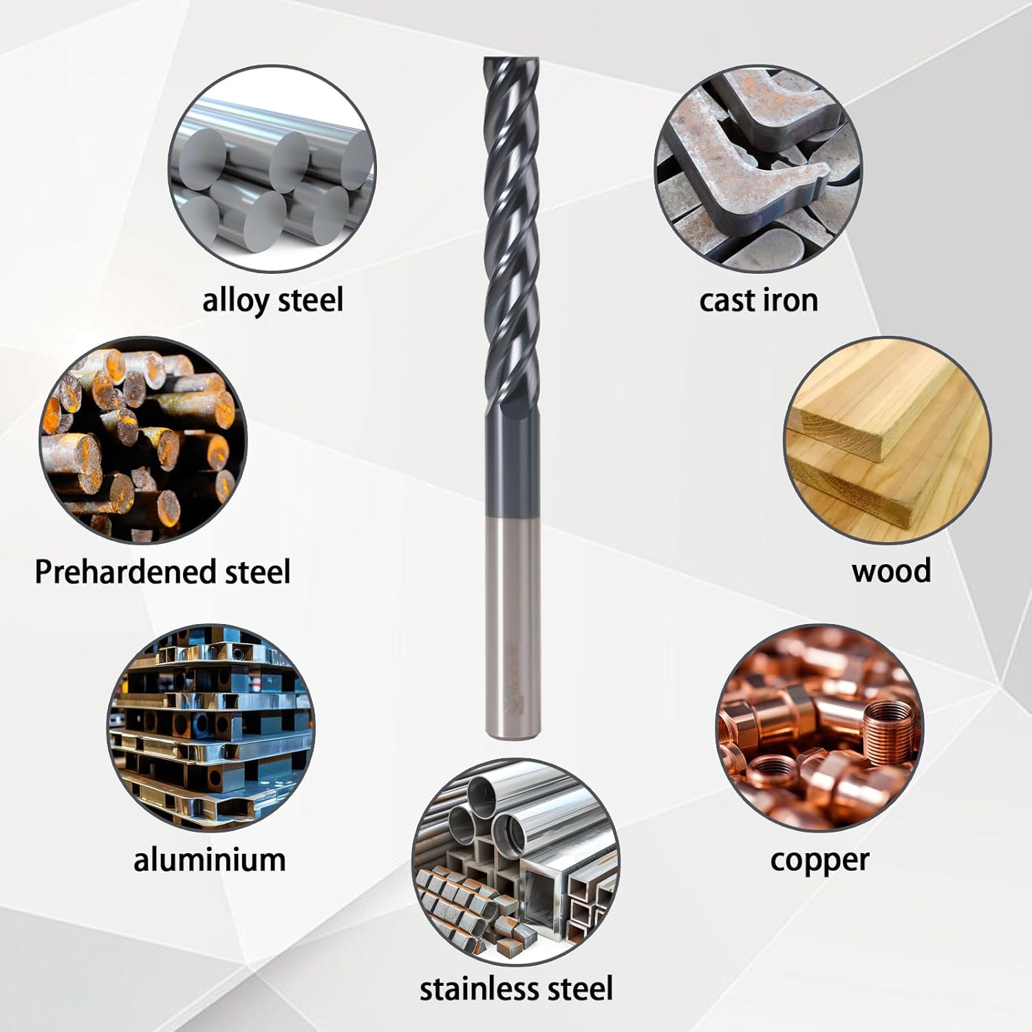 1/2" Carbide Square End Mill 4 Flute, AlTiN Coated, 3" Flute 6" OAL, 3300 HV, HRC55, for Stainless Steel, Cast Iron, Tool Steel, High Alloy Steel, High Speed & Feed