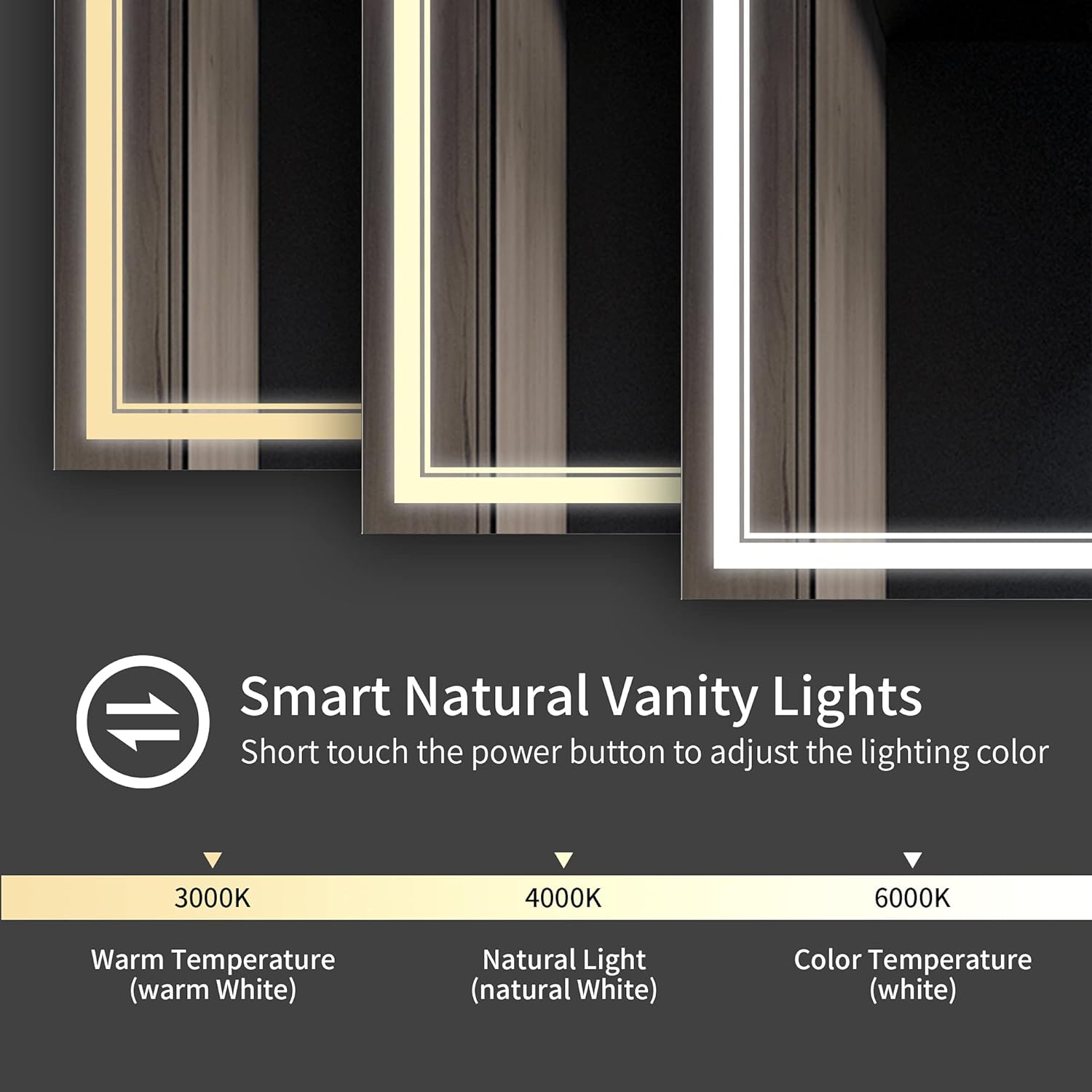 OONNEE 36×28 Inch Led Bathroom Mirror,Wall Mounted Smart Mirror with 3-Colors of Lights,Waterproof and Anti-Fog (Horizontal/Vertical) : Home & Kitchen