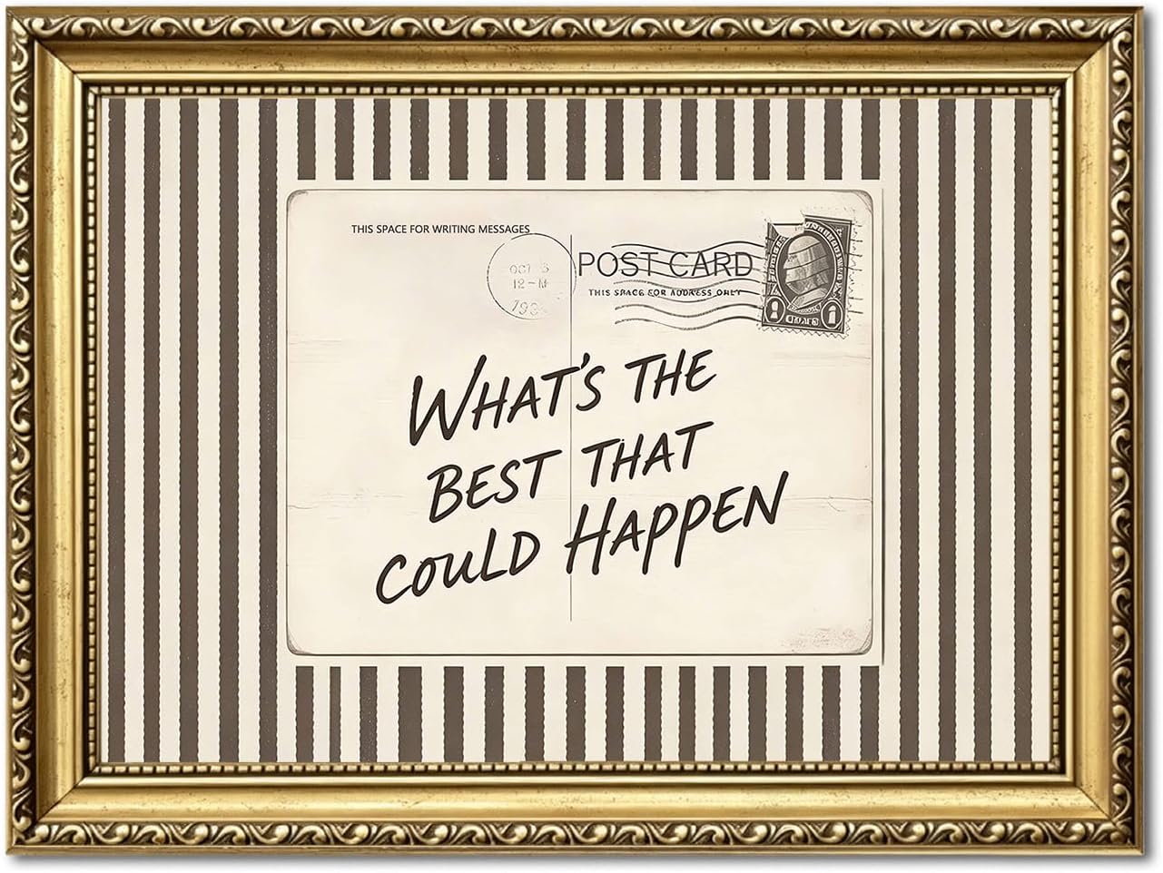 What's The Best That Could Happen Wall Art Vintage Inspirational Sign Wall Decor Trendy Striped Quote Postcard Poster Canvas Painting Print for Living Room Bedroom 24x16 inch Gold Framed