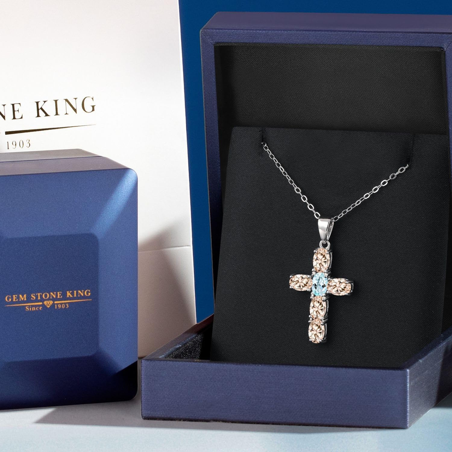 Gem Stone King 925 Sterling Silver Peach Morganite and Sky Blue Topaz Cross Pendant Necklace for Women | 3.00 Cttw | Gemstone October Birthstone | Oval 6X4MM | With 18 Inch Chain - Image 5