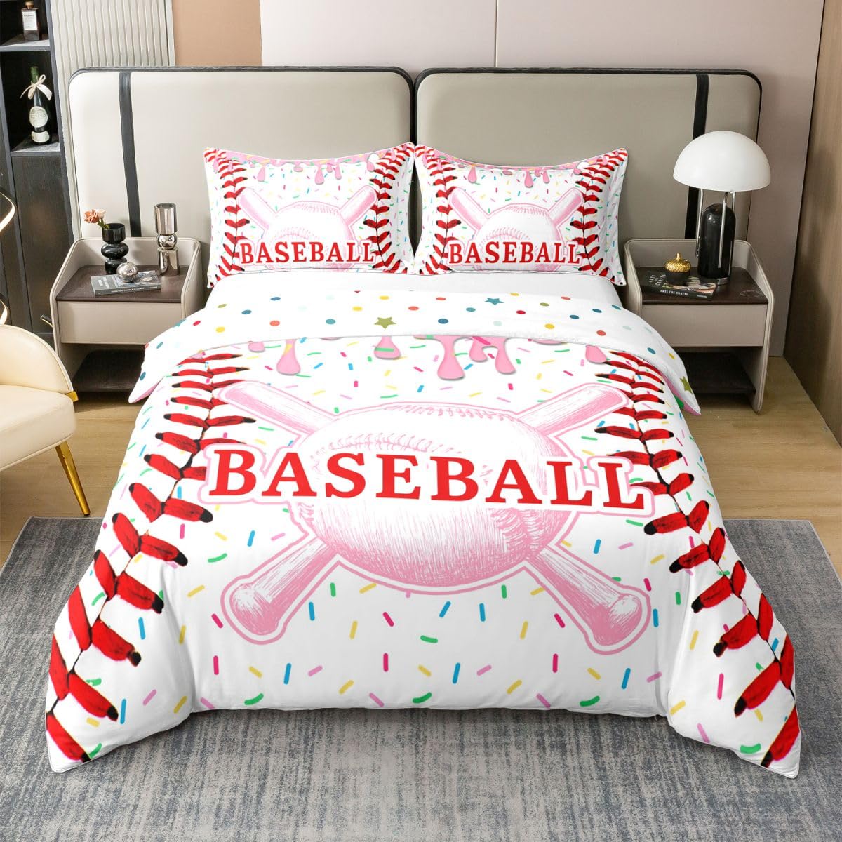 Homewish Juego de funda de edredón de béisbol tamaño King para adolescentes, ropa de cama deportiva de helado, juego de cama de béisbol, juegos, para habitación de adultos, bonito juego de cama