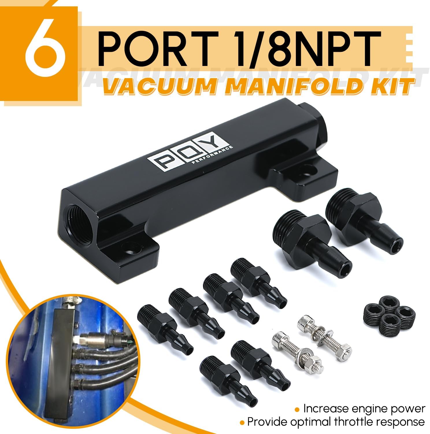 6 Port Vacuum Block Intake Manifold Kit Intake Fuel Wastegate Turbo Boost 1/8NPT for Racing Vacuum Manifold Black