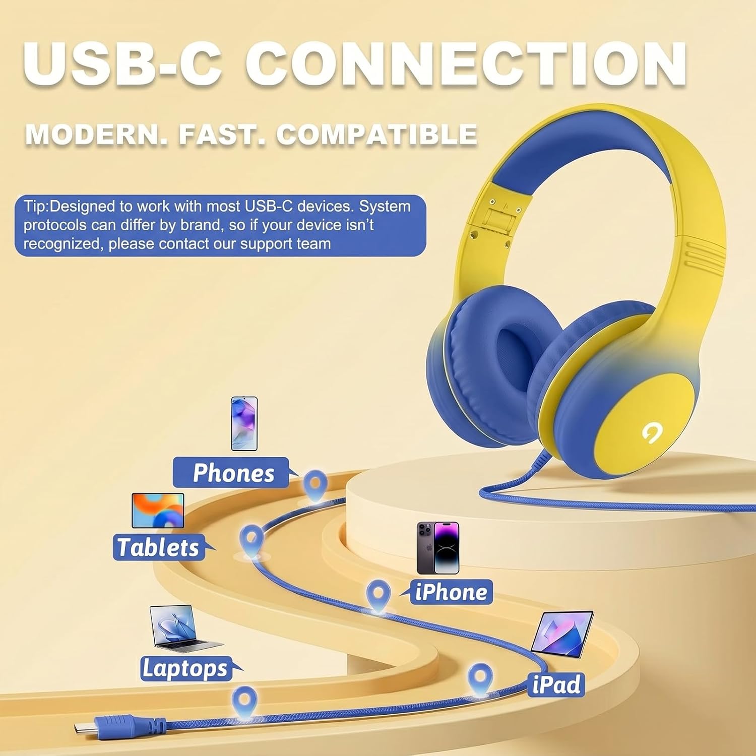 ADOOPE Wired Kids Headphones with USB C Plug, 85dB Safe Volume, Adjustable Headband, Tangle-Free Cord Headphones for School, Tablet, Travel (Yellow & Blue, Without Microphones) image 3