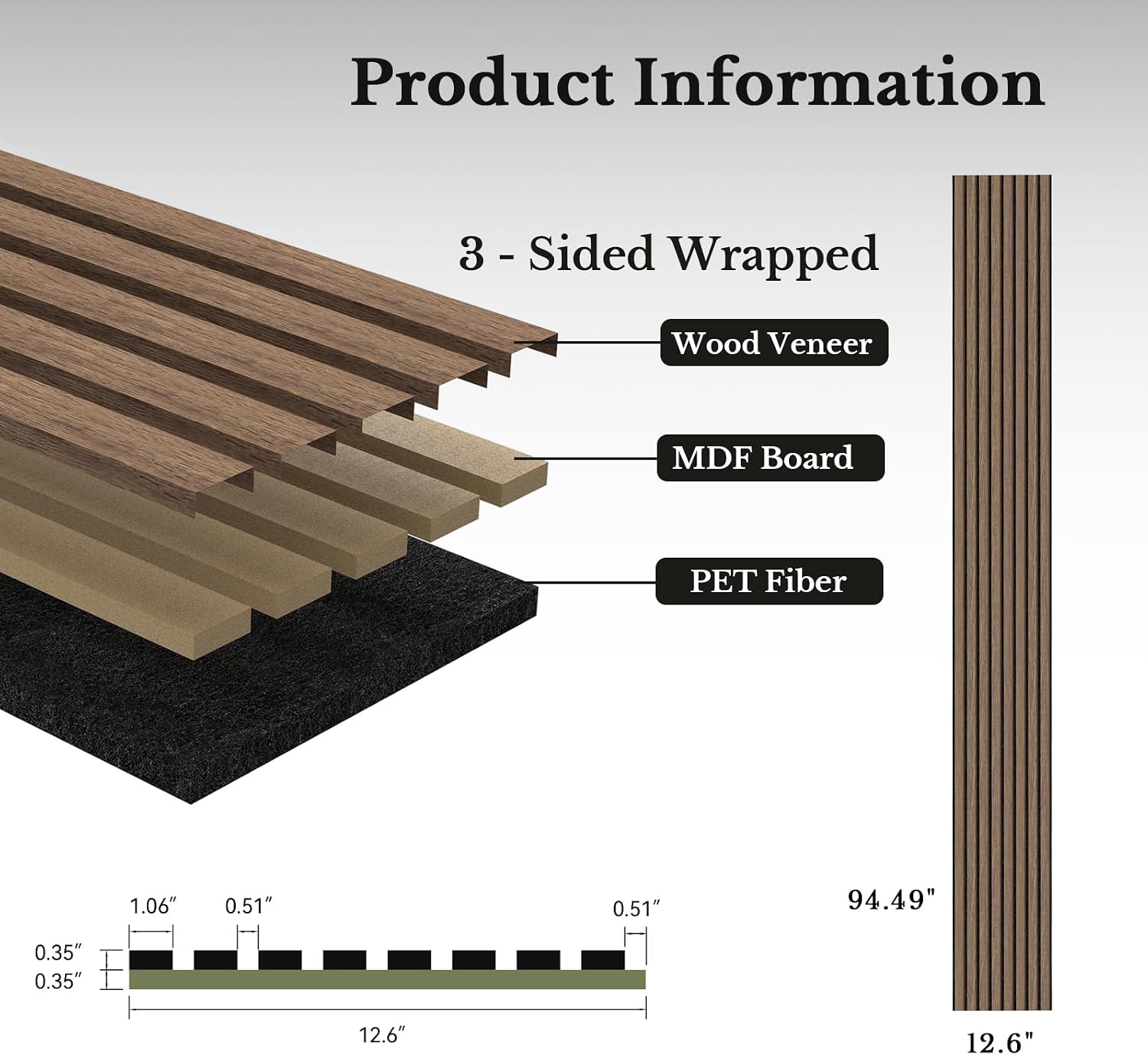 MISSDAY Wood Slat Acoustic Wall Panels, 4 Packs 94.5" x 12.6" Walnut Soundproof Panel For Interior Wall Decor Noise Absorbing-3D Textured Wooden Panel Sound-Absorbing for Home, Office, Studio