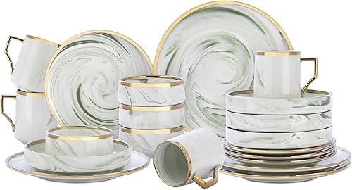 Miniatura 2 de Fine China Artisan - Juego de vajilla de 20 piezas, color verde con oro