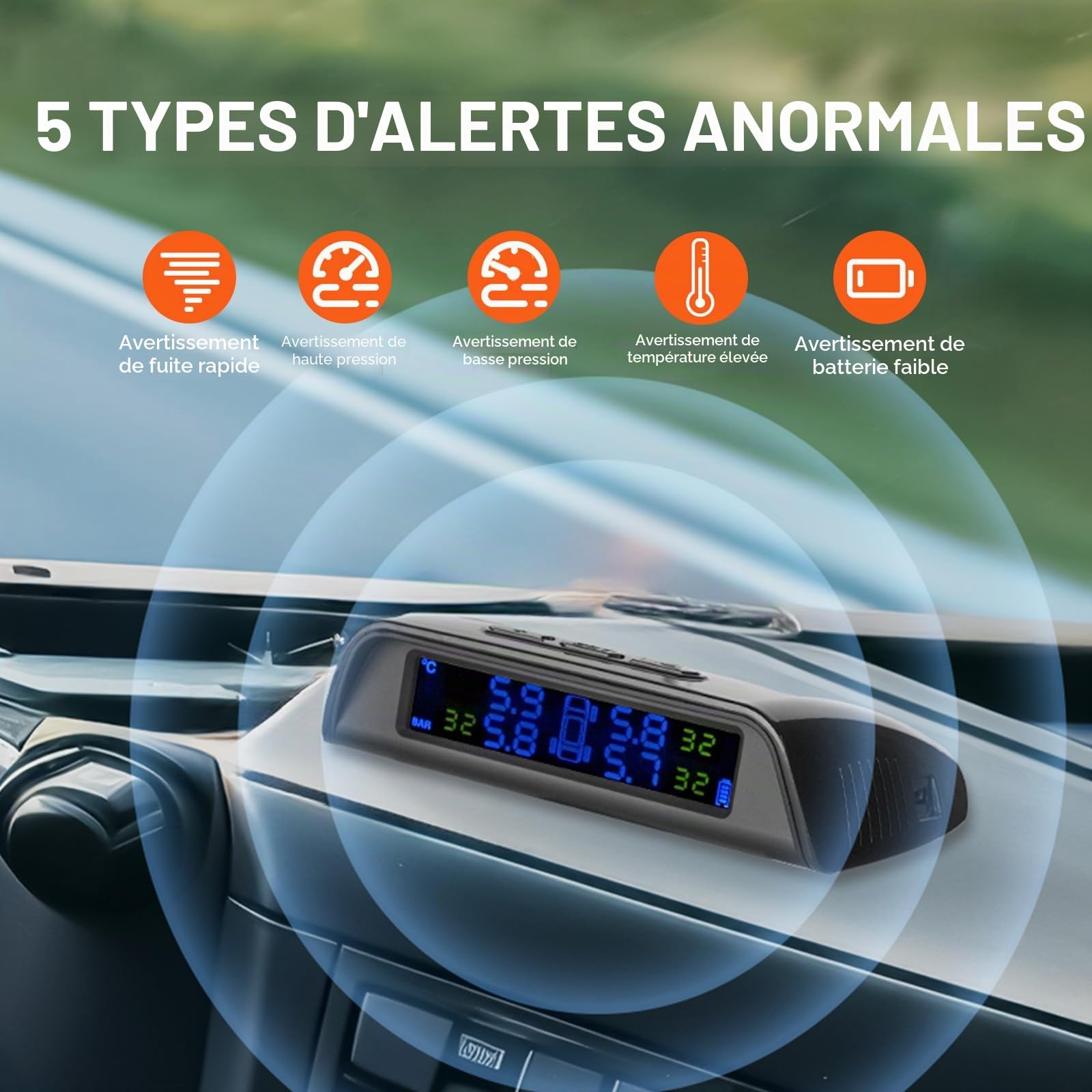 VEVOR TPMS avec 6 Capteurs, Système de Surveillance de la Pression des Pneus 0,5-8 Bars, Système d'Alarme de Voiture sans Fil Universel, Affichage en Temps Réel, 5 Modes d'Alarme, avec Charge Solaire