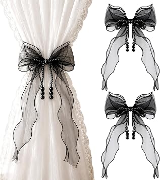 Black Curtain Tiebacks 2 Pcs Bow Curtain Holdbacks with Pearls | French Silky Ties for Bedroom Window Aesthetic Home Holidays Decorations, Housewarming Gift Set for Friends