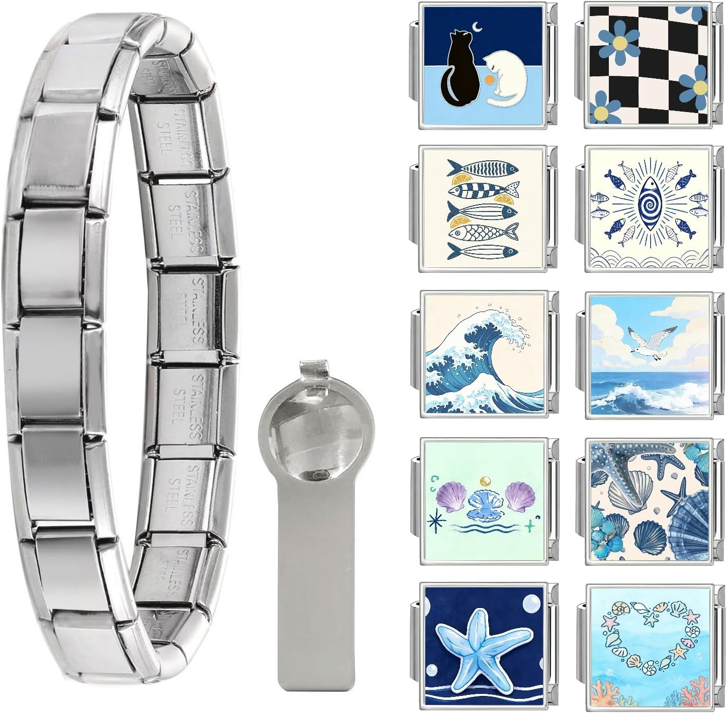 papasgix Italian Charm Bracelet Charms Silver Set with 1pc Starter Brascelet, 10pcs Assorted Italian Charms for Bracelets and 1pc Opening Tool, 9mm Modular Italian Charm Bulk Pack Links Handmade DIY Jewelry Ocean Blue